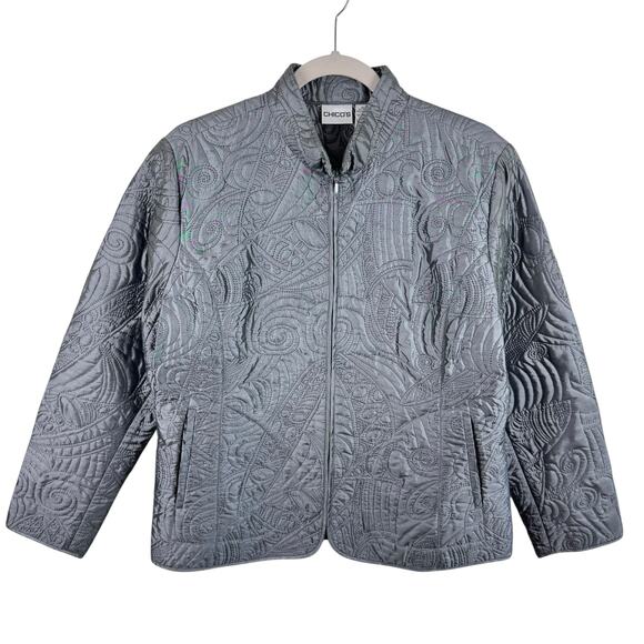 Chico's Gray Metallic Quilted Full Zip Mock Neck Lightweight Jacket Size L - Picture 1 of 6